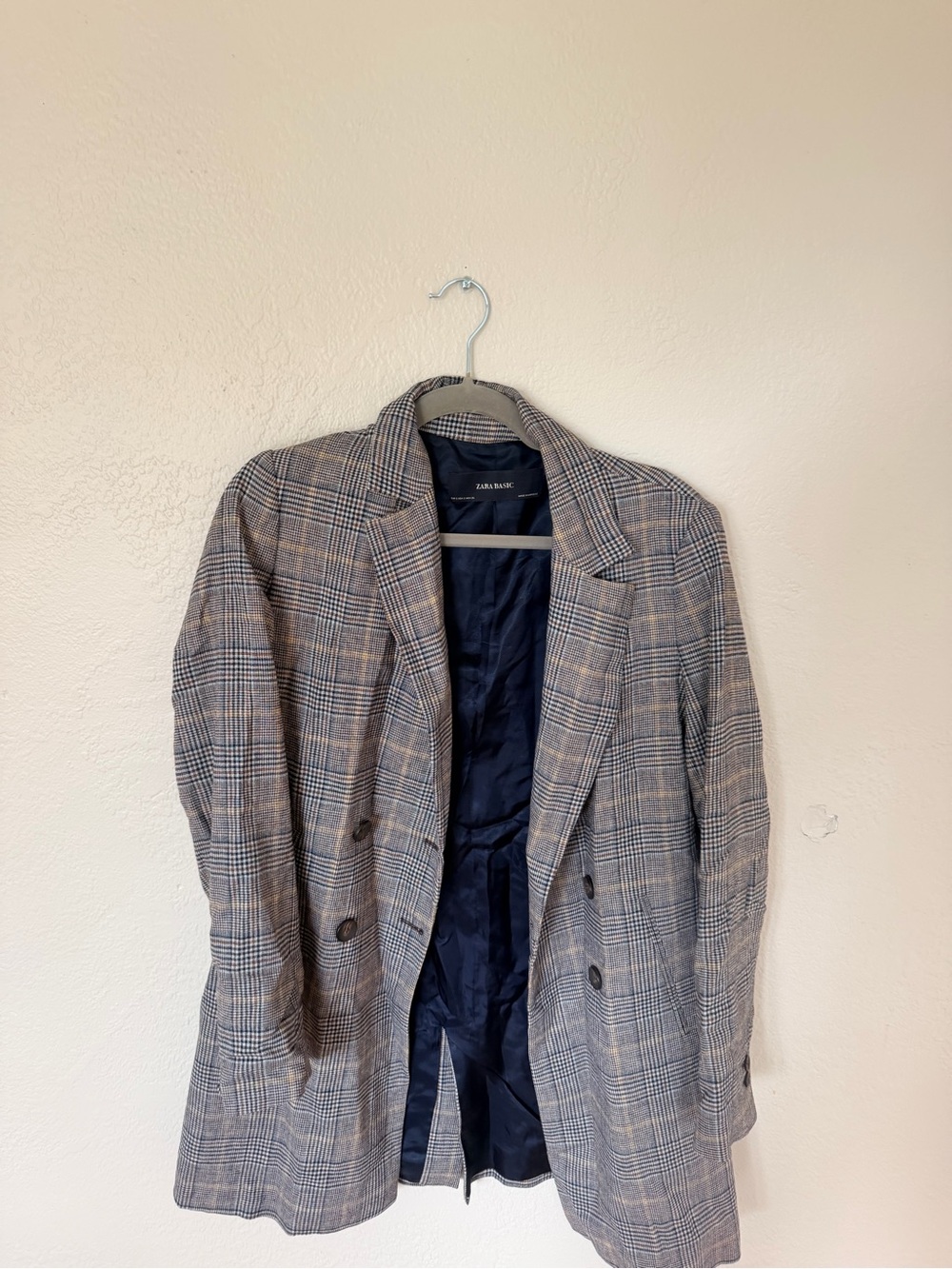 Zara Plaid Double-Breasted Blazer with Navy Lining